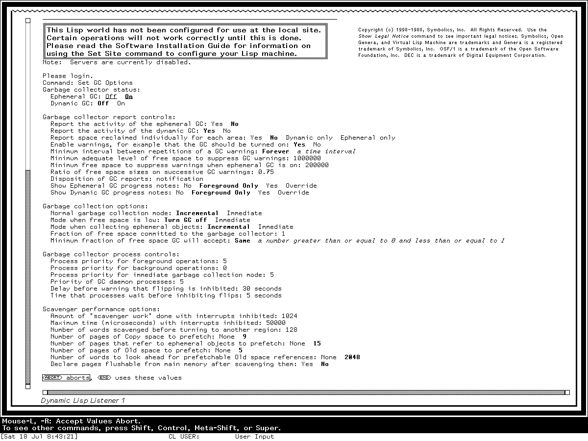 The live Set GC Options Accepting Values form, with its typed choices and the pointer resting on the printed Abort presentation.