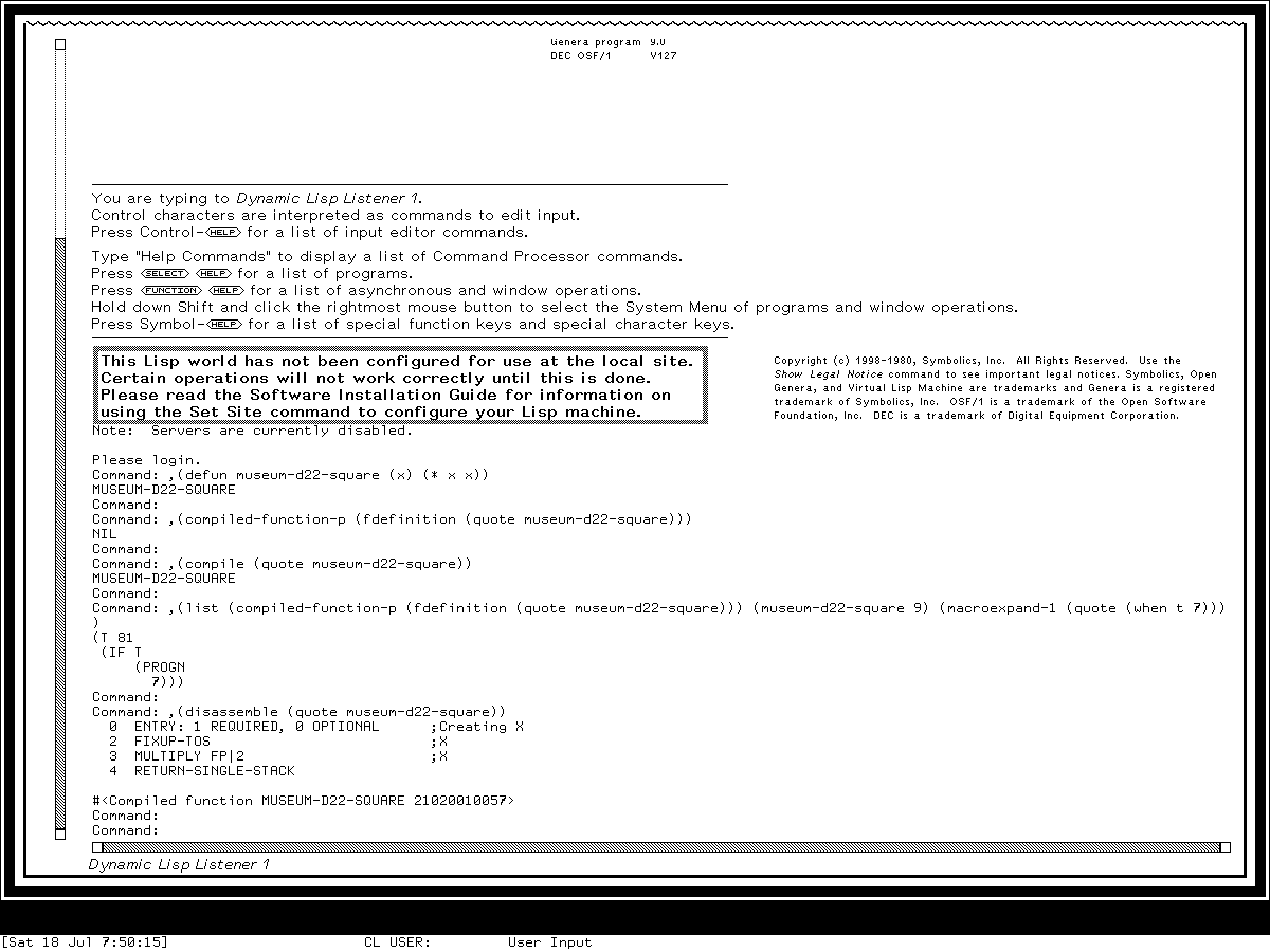 The Genera 8.5 Dynamic Lisp Listener showing the synthetic function before and after compilation, result 81, Common Lisp WHEN expansion to IF, and the four-line Ivory disassembly.