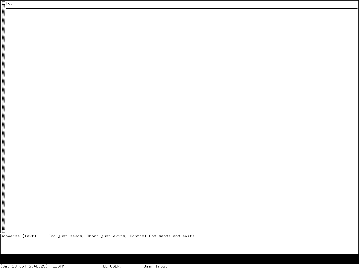 A fresh Genera 8.5 Converse buffer showing only its To template, structural black line, scrollbar, and send/exit mode-line summary.