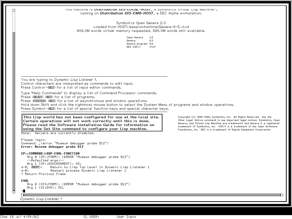 The Genera 8.5 ordinary Debugger and Dynamic Lisp Listener with a ragged top edge, straight side edges, a left history scrollbar, bottom horizontal scrollbar, and italic bottom label.