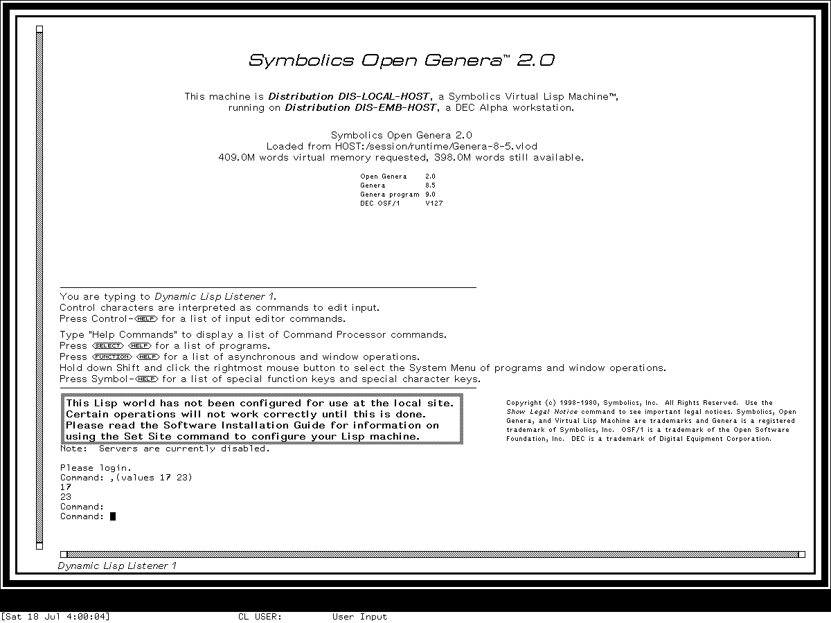 The Genera 8.5 Dynamic Lisp Listener showing the researcher-entered form values 17 and 23 printed on separate lines.