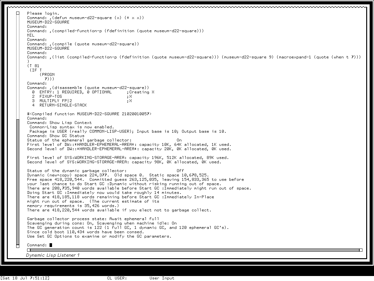 The Genera 8.5 Dynamic Lisp Listener displaying the current Common Lisp package and numeric bases followed by read-only ephemeral and dynamic garbage-collector status.