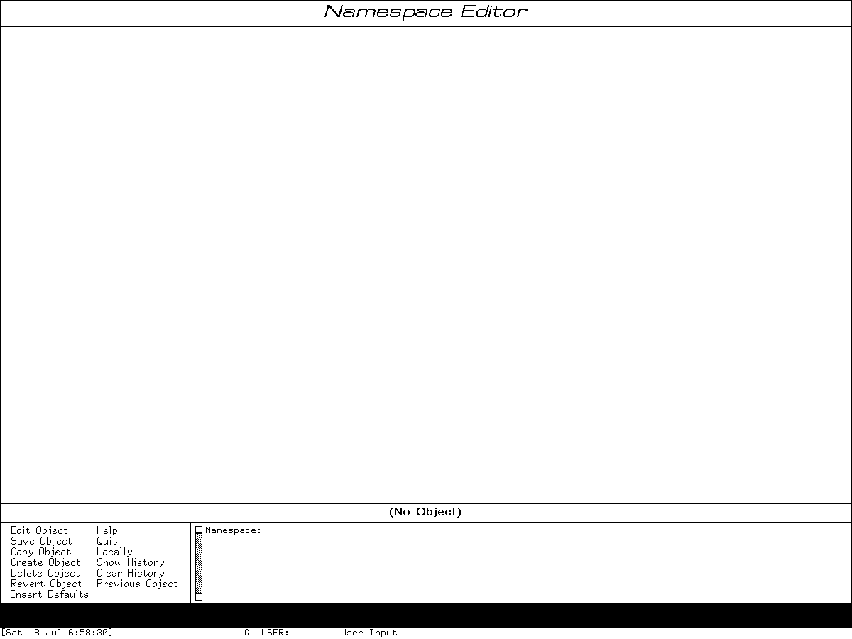 The Genera 8.5 Namespace Editor showing its empty No Object state, Namespace prompt, pane layout, and thirteen-command menu without configured site data.