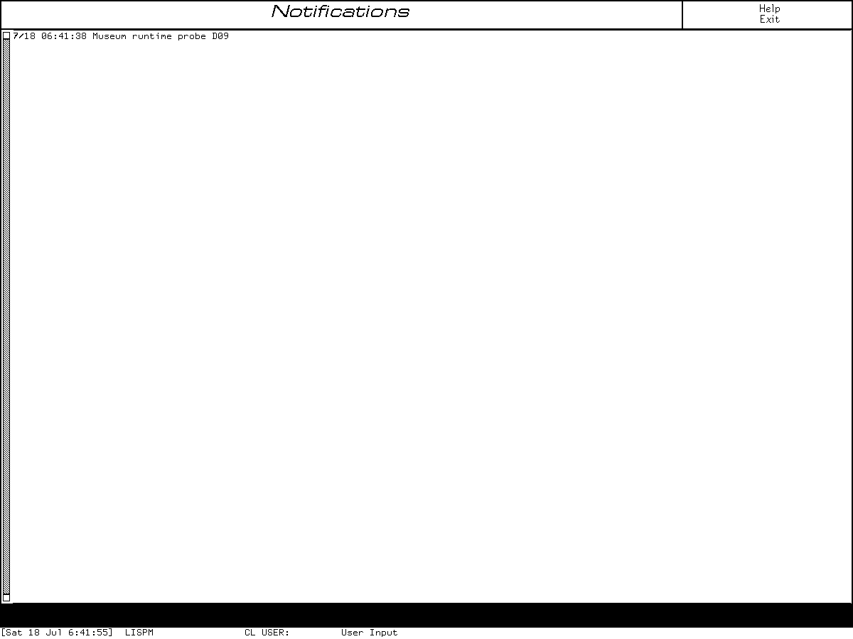 The Genera 8.5 Notifications activity displaying one researcher-created notification record beneath its title and two-item Help/Exit menu.