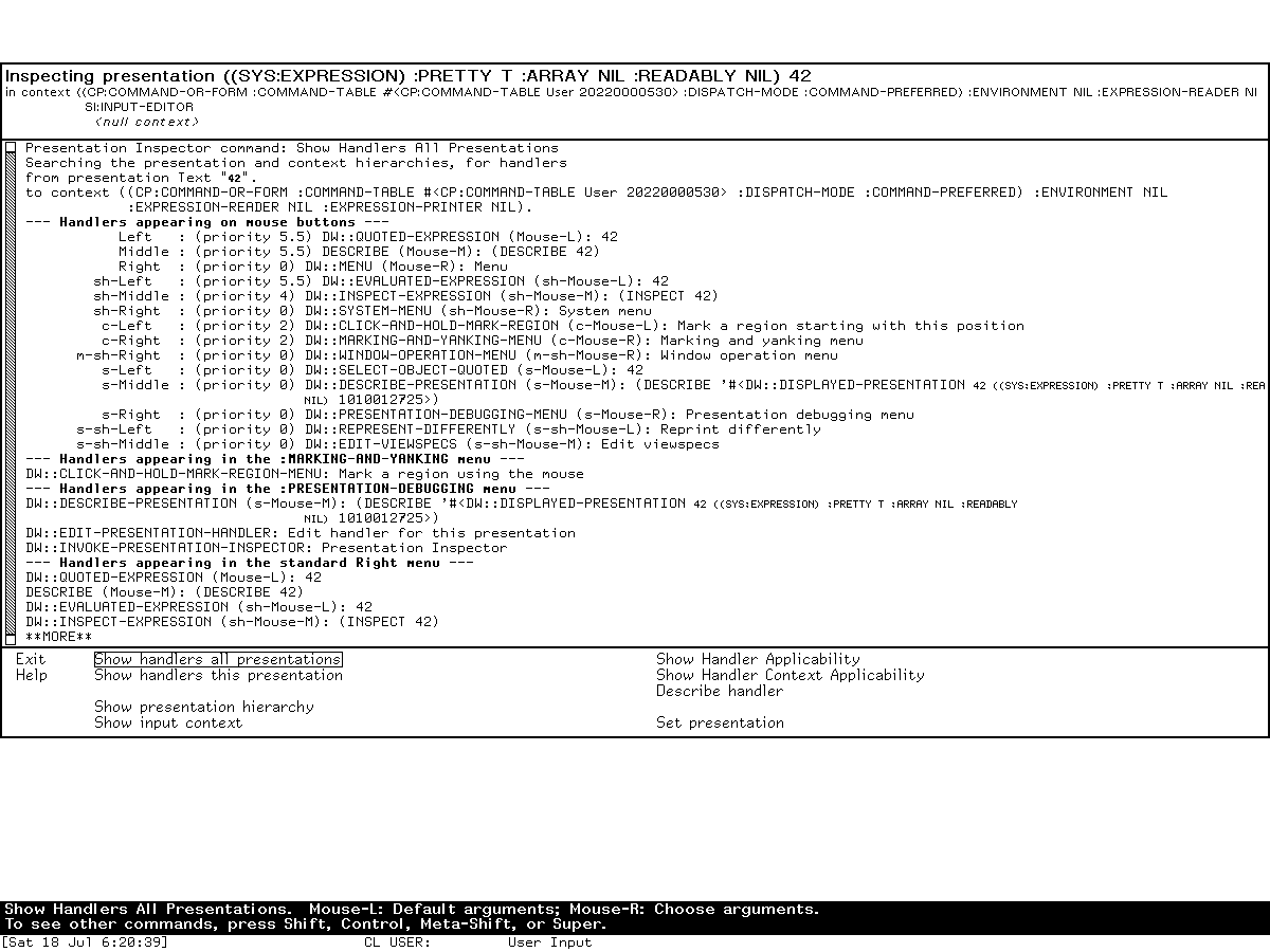 The Presentation Inspector showing the first all-presentations handler report for the researcher-entered integer 42, with effective priorities, gestures, menus, and categorized candidates.