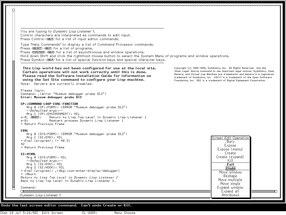 Genera 8.5 Screen Editor menu showing its title, fifteen operations, styling, and Undo documentation.
