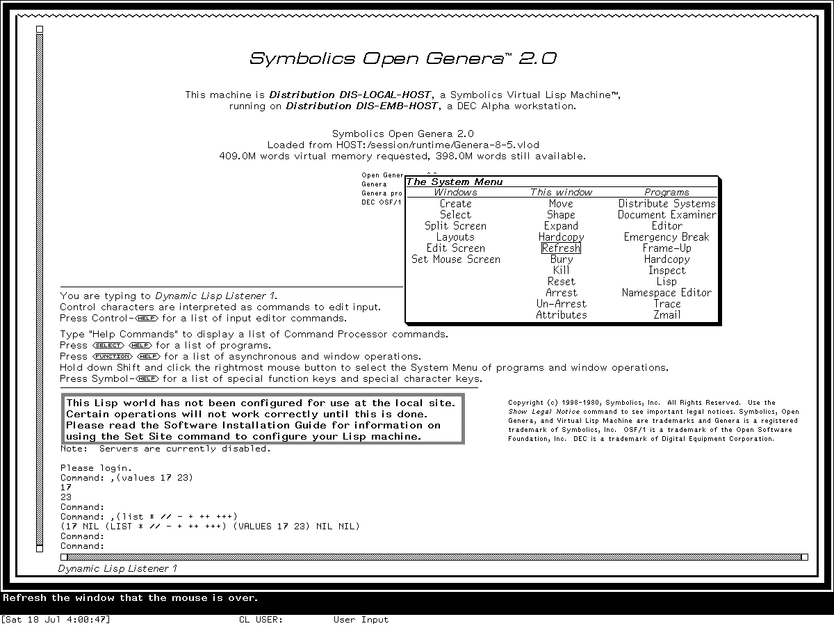 The Genera 8.5 titled three-column System Menu displayed over the Dynamic Lisp Listener, with Refresh boxed.
