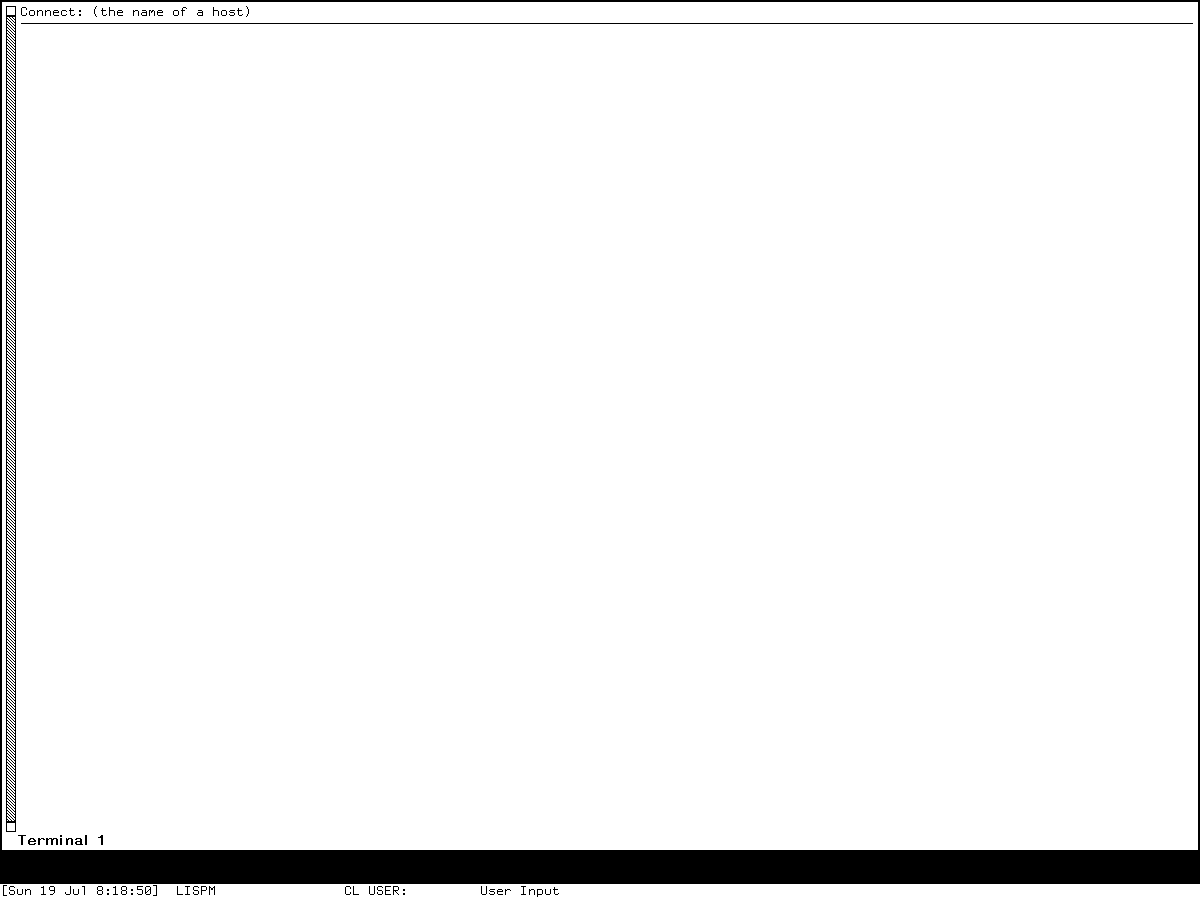 The Genera 8.5 Terminal activity: a blank full-screen terminal with a left scrollbar, prompt “Connect: (the name of a host)”, bottom label “Terminal 1”, and the who-line below.