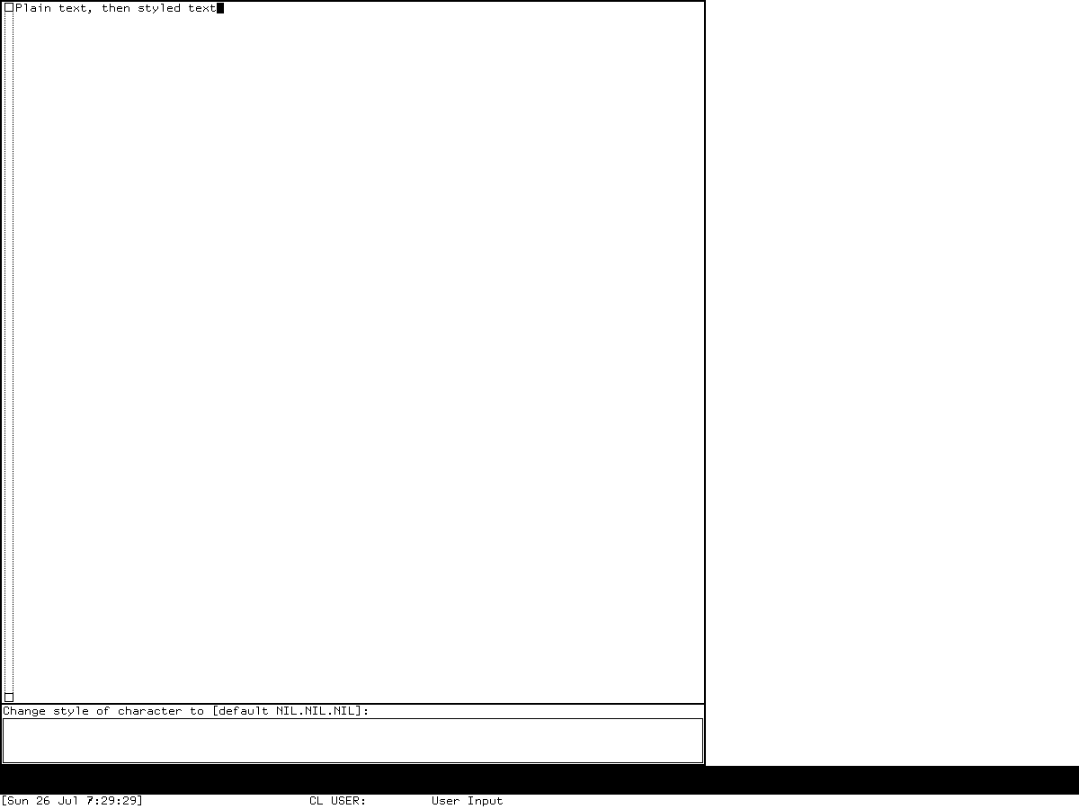 A Genera Zmacs buffer displaying the live Change Style prompt for the character at point.