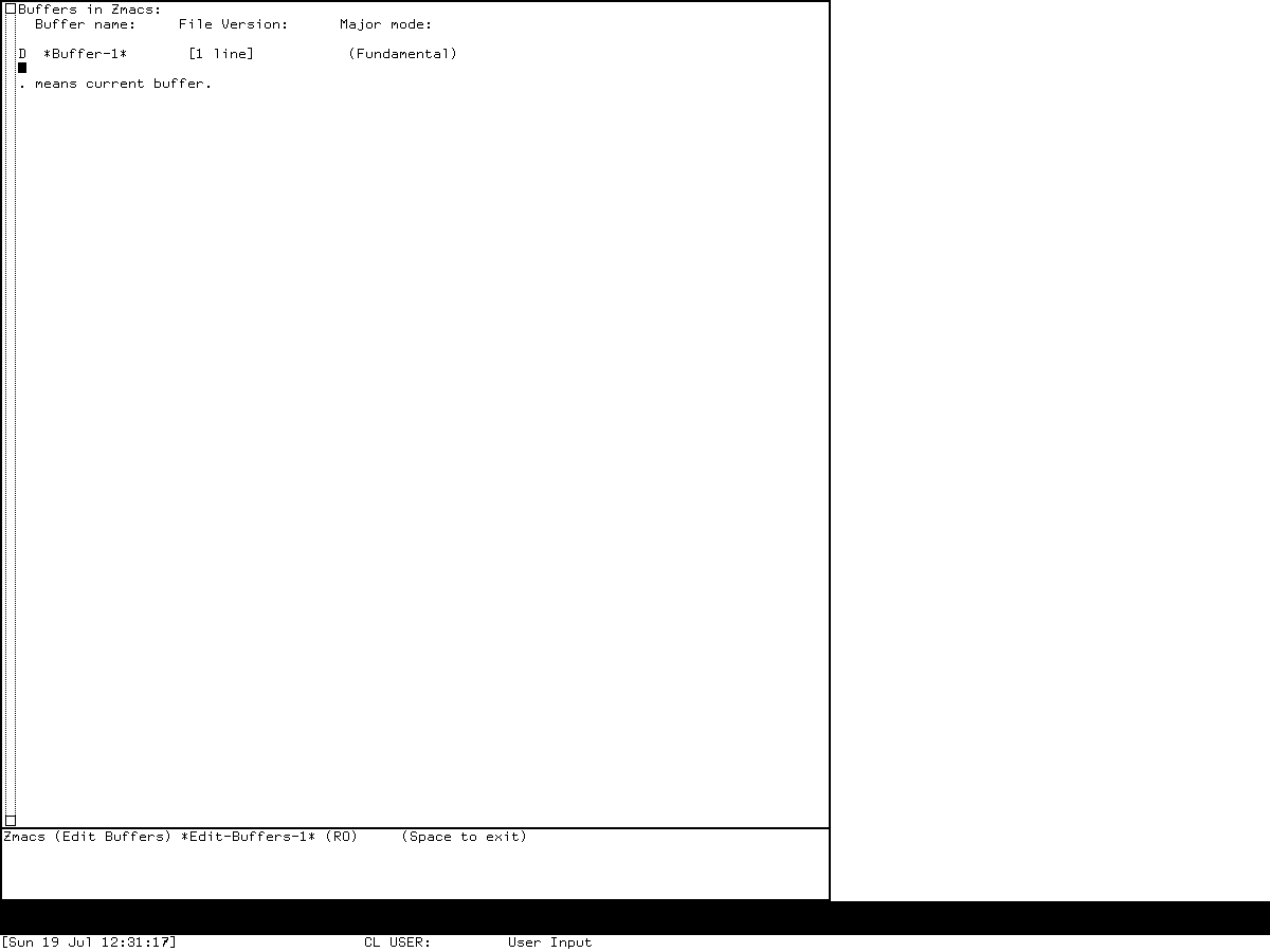 Genera 8.5 Zmacs Edit Buffers showing one buffer row with D in its action column