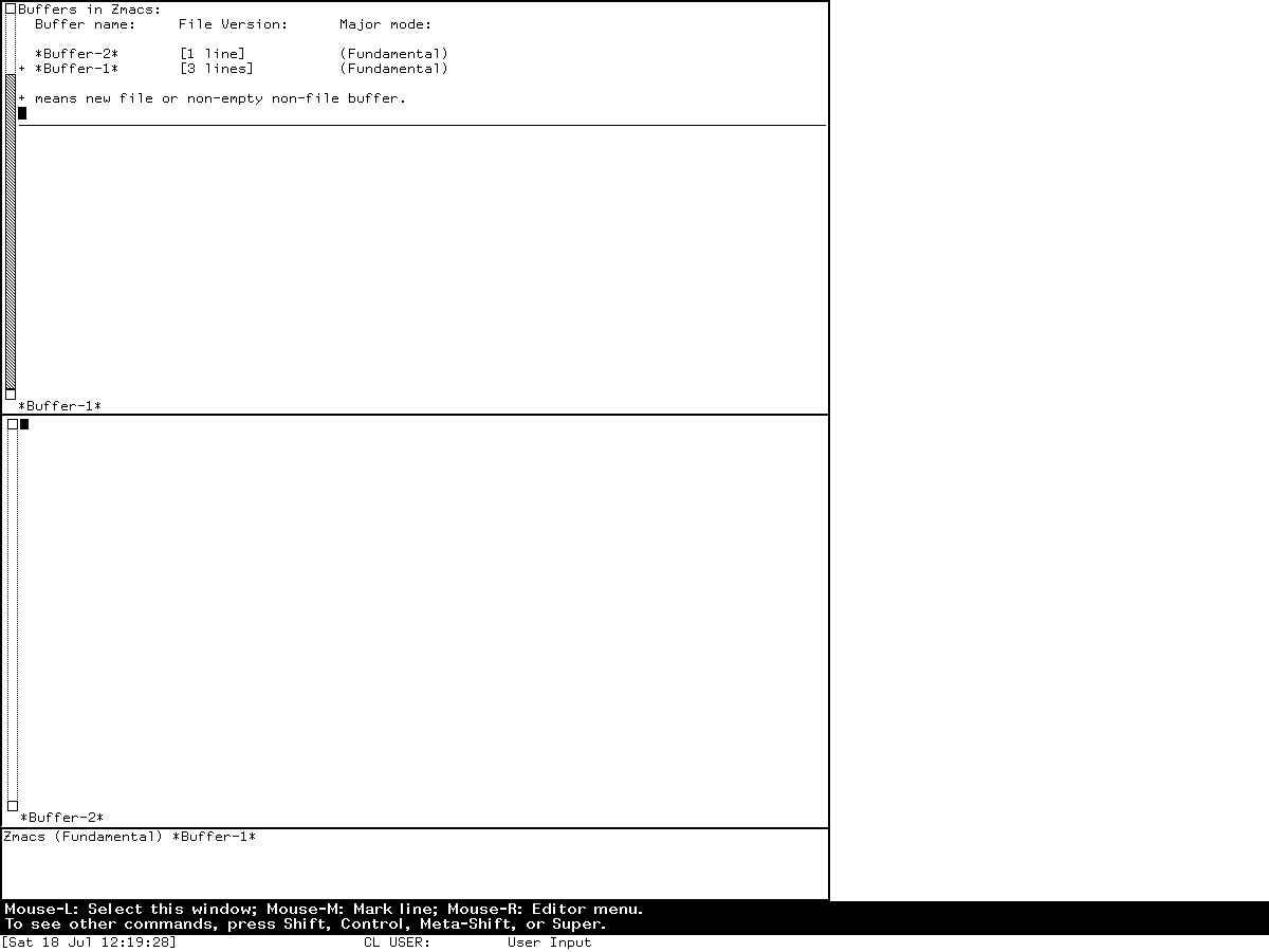 Genera Zmacs List Buffers typeout report listing two buffers