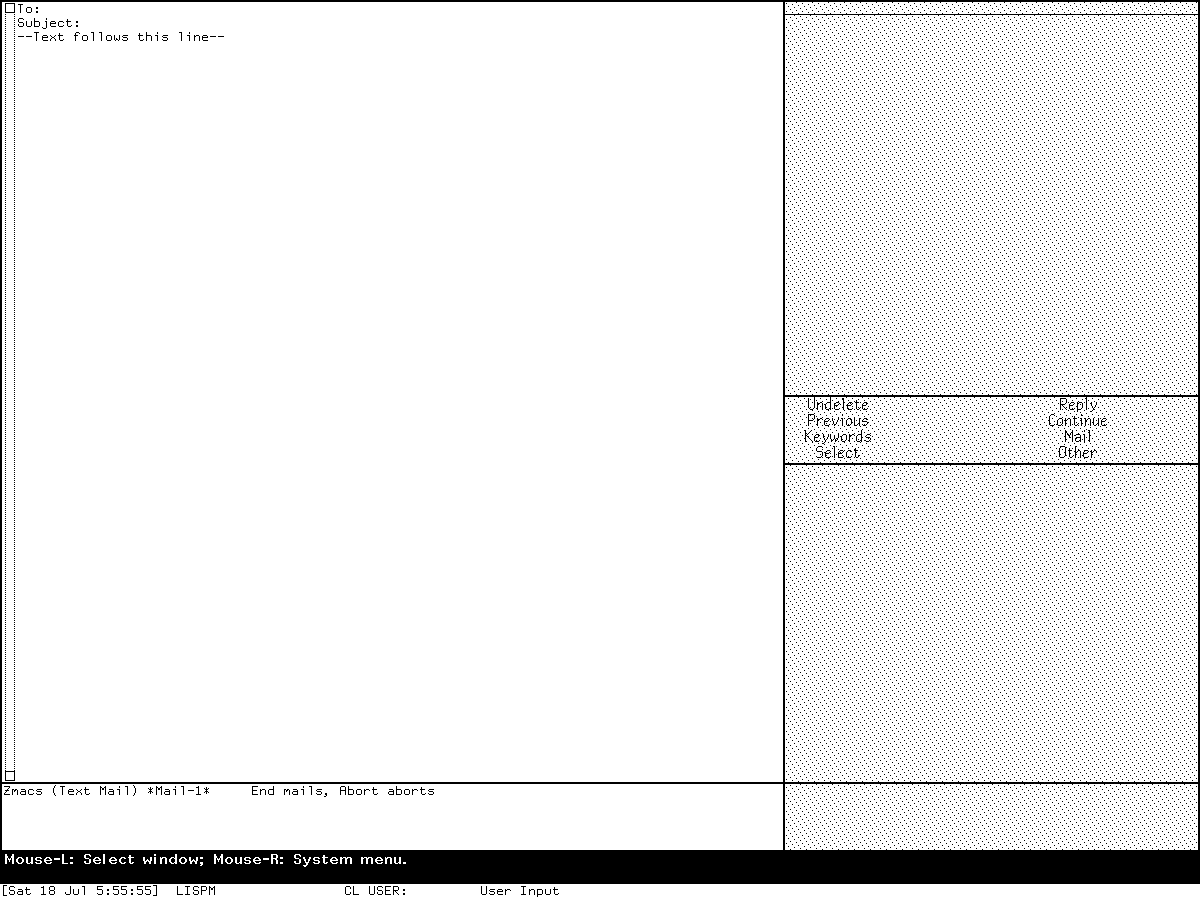 A blank Zmacs Text Mail composition buffer with To and Subject fields, a body separator, and the mode line identifying transmit and quit operations.
