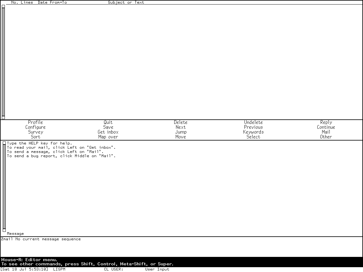 The live empty Zmail reader after local login, with summary and message panes, its 20-cell functional command menu, and three short operating hints.
