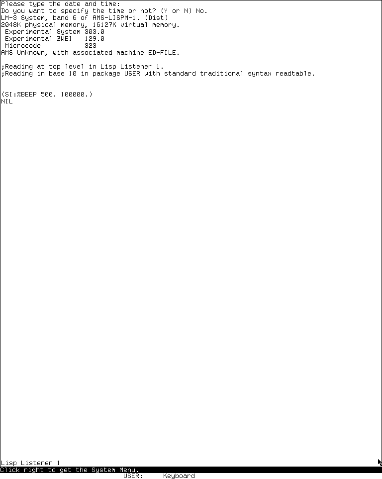 System 303 Lisp Listener after the native beeper witness completed