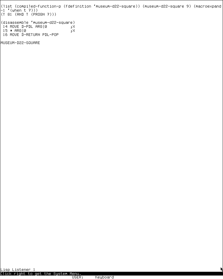 The System 303 Listener showing a compiled predicate, result 81, traditional-syntax WHEN expansion to COND, and the three-instruction disassembly of the researcher-written squaring function.
