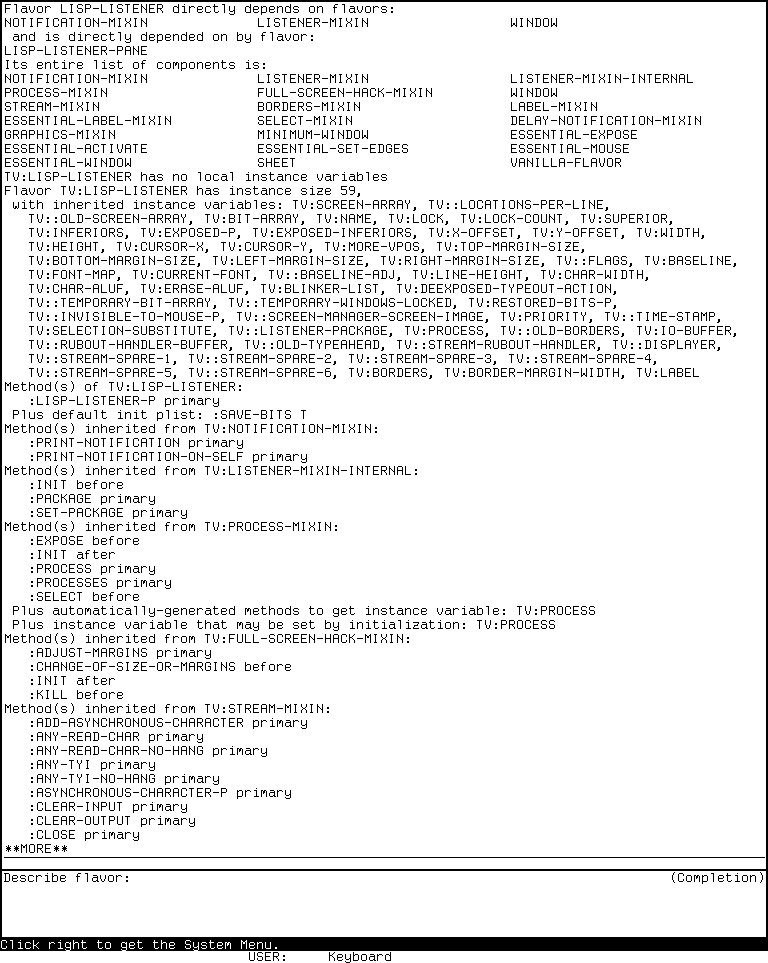 System 303 Listener displaying Describe Flavor information for a TV Lisp Listener.