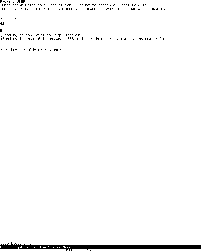 The System 303 cold-load breakpoint displaying the researcher-entered form (+ 40 2) and result 42 over the saved Listener display.