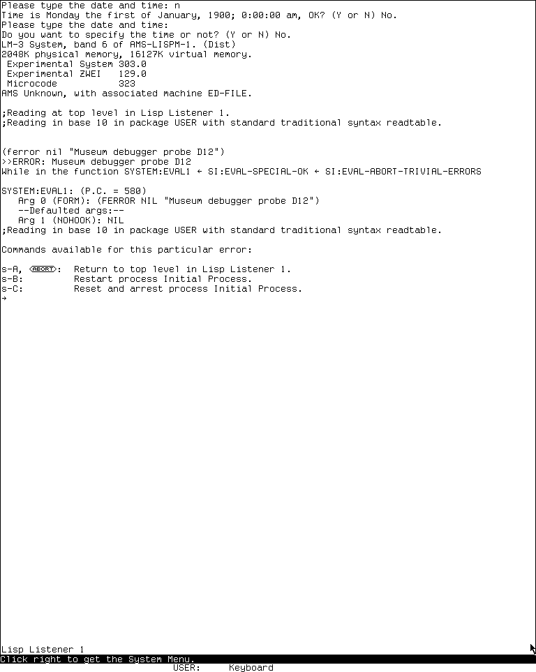 The System 303 ordinary Error Handler showing the synthetic Museum debugger probe condition, its selected evaluator frame, and three condition-specific Super-letter choices.