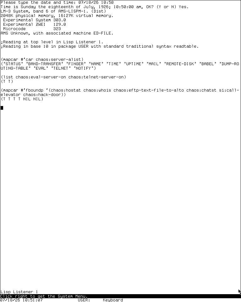 System 303 Lisp Listener showing the thirteen registered Chaos service names, true EVAL and Telnet defaults, and noninvoking function-presence results.