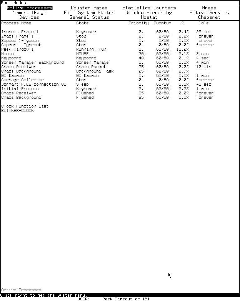 System 303 Peek in Active Processes mode, showing process, state, priority, idle-time, utilization, and clock-function headings.