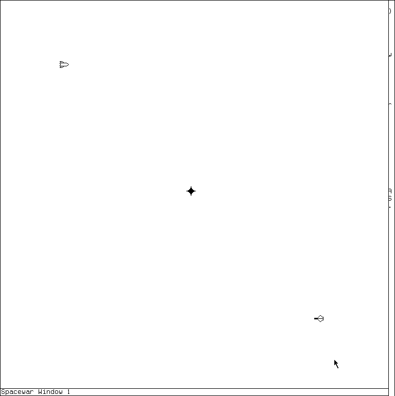 A live System 303 Spacewar playfield with the two opposed ships and central sun