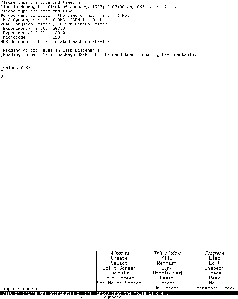 The System 303 three-column System Menu displayed over the Lisp Listener, with Attributes boxed and its documentation on the who line.