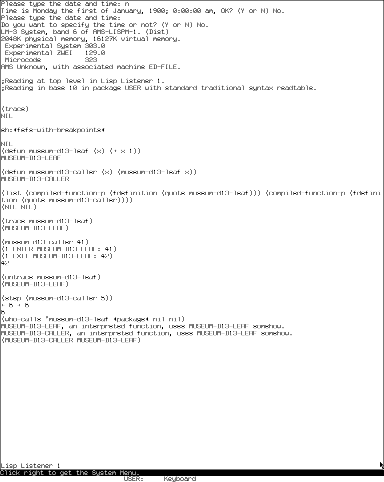 The System 303 Lisp Listener transcript showing the researcher-defined caller and leaf, traced entry and exit, a completed Step result, and WHO-CALLS distinguishing its imprecise interpreted-use results.