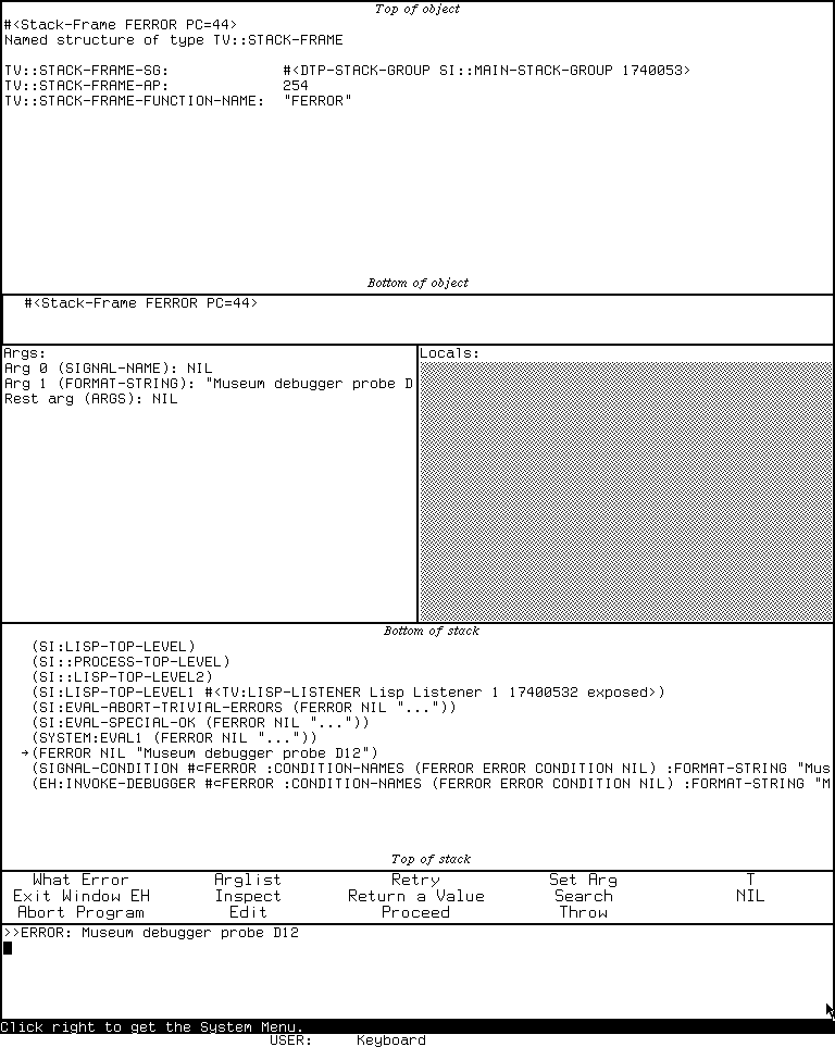 The System 303 Window Error Handler with Inspector, history, arguments, locals, stack, fourteen-command menu, and interactor panes around the same synthetic FERROR condition.
