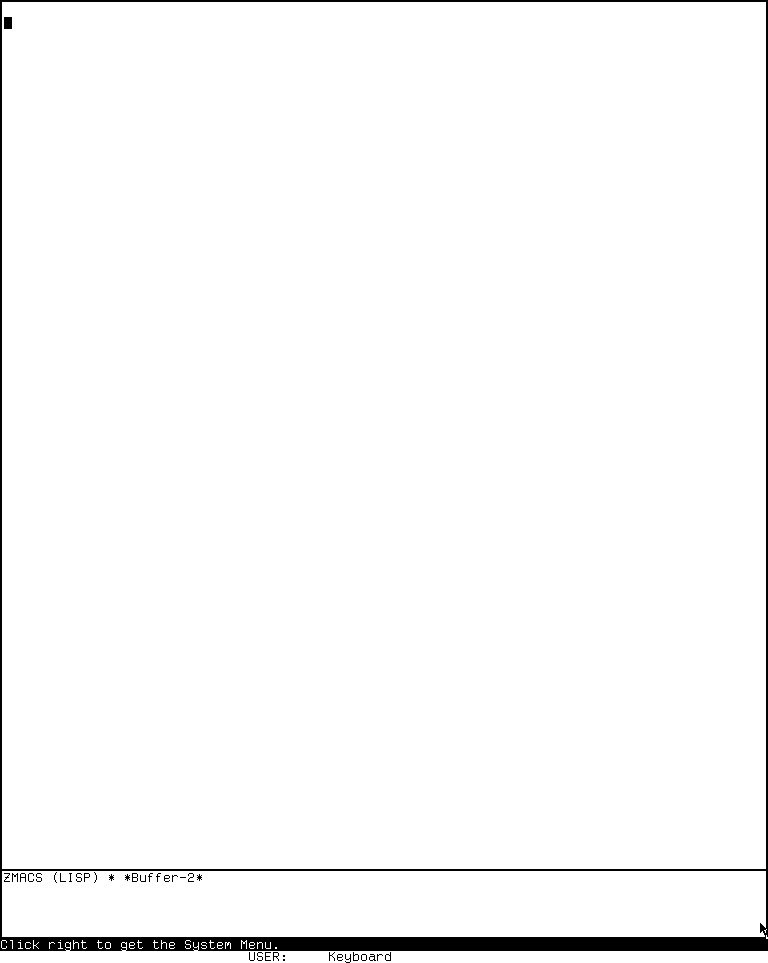 A blank monochrome Zmacs editing pane with a black insertion cursor, a ZMACS LISP mode line, and the CADR who line.