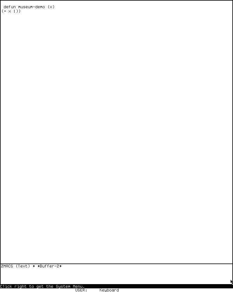 A Zmacs buffer containing a small Lisp definition with its mode line changed to ZMACS Text.